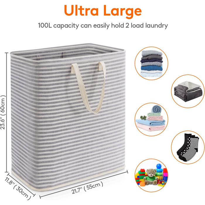 Л Окремо стоячий кошик для білизни Складний дуже великий кошик для білизни з подовженими ручками для білизни, сіро-сірий 100 л, 100