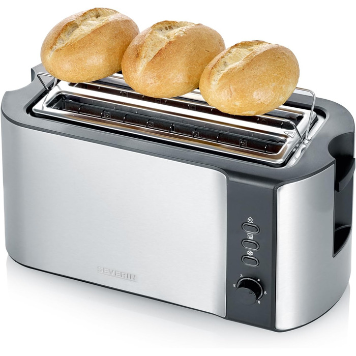 Автоматичний тостер SEVERIN з довгим слотом на 4 скибочки тостів, тостер з насадкою для булочки, високоякісний тостер з нержавіючої сталі з великими камерами для обсмажування та потужністю 1 400 Вт, матова нержавіюча сталь/чорний, AT 2590