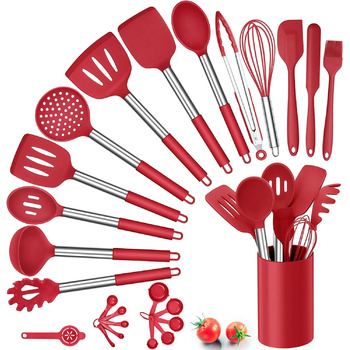 Набор кухонной утвари Herogo, силикон, 25 шт., Кухонная утварь с держателем, Термостойкие кухонные инструменты с ручкой из нержавеющей стали для посуды с антипригарным покрытием, шпатели, венчик, красный красный 25