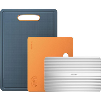 Разделочная доска Linoroso Пластиковая кухонная доска Доска для завтрака Набор из 3 разделочных досок с прорезью для сока, Доска для размораживания Фруктовая доска Нескользящая антибактериальная посудомоечная машина, устойчивая к порезам - Lava Orange