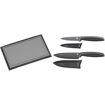 Пластиковая разделочная доска WMF Touch 32 x 20 см, Разделочная доска с канавкой для сока, Доска для разделки мяса, Разделочная доска для лезвий, (Черная, Комплект с набором ножей)
