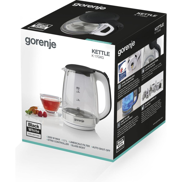 Gorenje Електрочайник 1.7л, 2,200 Вт, strix контроль, скло, білий
