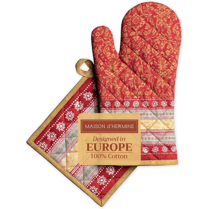 Рукавички для духовки, прихватки для каструль Maison d&39 Hermine, 100 бавовна, термостійкі кухонні рукавички, рукавички для духовки (19 x 33 см) та прихватки для каструль (20 x 20 см) для приготування їжі, Morzine - Рукавички для духовки (19 x 33 см) та 