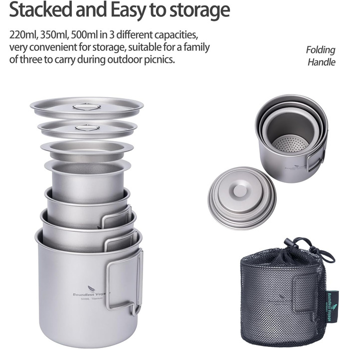 Мл Титанова чашка з кришкою Складна ручка Одностінний кемпінговий кухоль Легко переносний для посуду для пиття на відкритому повітрі US-Ti3059D (чашка 220 мл з ситечком чашка 350 мл чашка 500 мл), 500