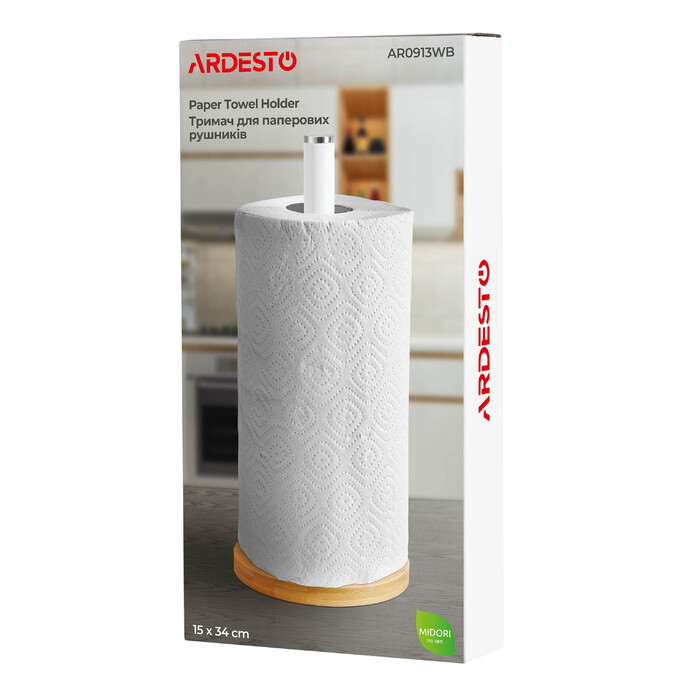 Держатель для бумажных полотенец Ardesto Midori 15х34см, металл, бамбук, белый