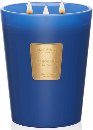 Ароматична свічка M&SENSE надзвичайно велика, час горіння 150 годин, натуральна ароматерапевтична свічка з 3 гнітами, сильний аромат, тривале горіння, подарункова свічка та прикраса для дому, подарунки для жінок (990 г, червоне дерево, сандалове дерево)