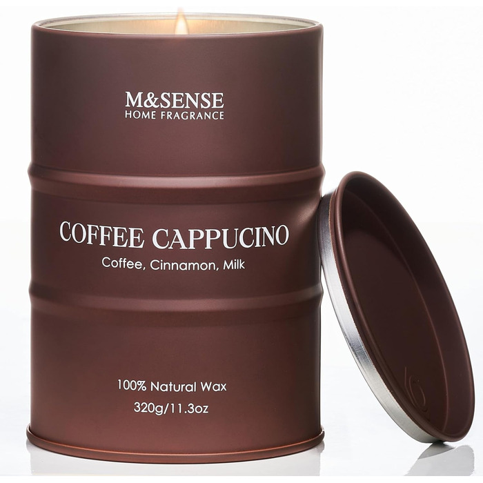 Ароматичні свічки M&SENSE з натурального соєвого воску, натуральна соєва свічка для домашнього декору, тривалий час горіння до 70 годин, класні подарунки-свічки для чоловіків і жінок (320 г, кава капучино)