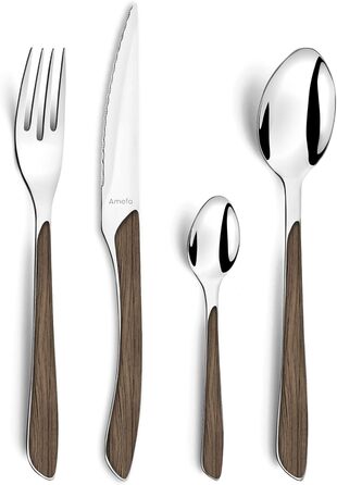Набор столовых приборов Amefa ECLAT Nature, 24 предмета, набор столовых приборов на 6 человек, коричневые пластиковые ручки под дерево, можно мыть в посудомоечной машине, столовые приборы из нержавеющей стали, светлое дерево (темное дерево)