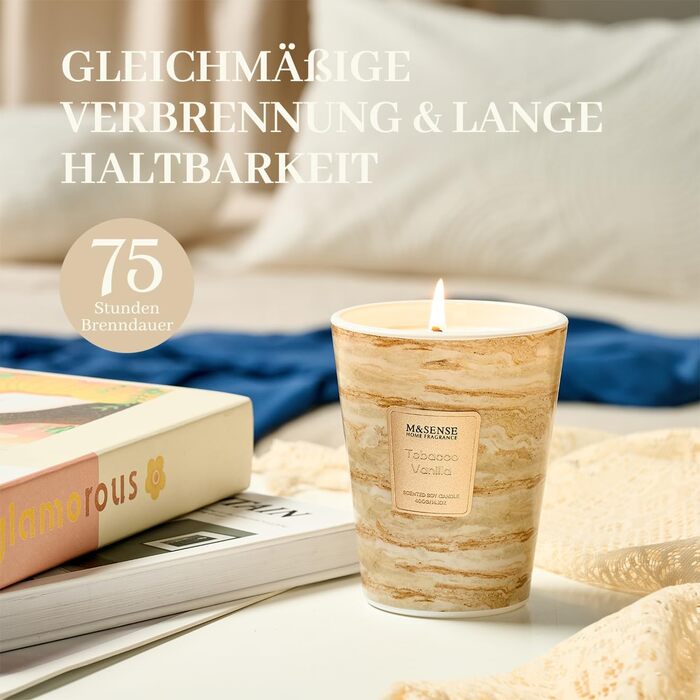 Велика ароматична свічка M&SENSE Чорні ароматичні свічки у склянці Ароматизована свічка з натурального соєвого воску Розслаблююча ароматерапія Подарунок для жінок та чоловіків, Різдво Час горіння 75 годин та 2 ґноти (тютюн-ваніль, 400 г)