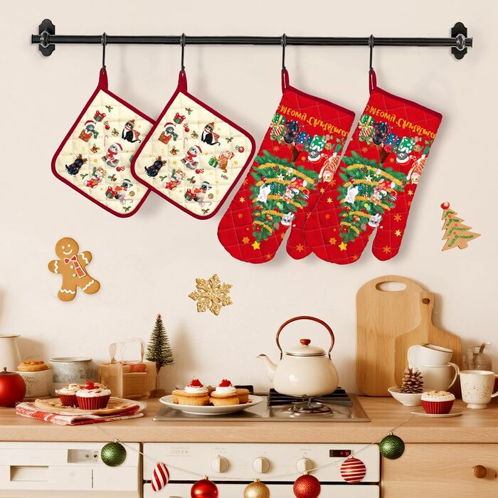 Набір з 2 різдвяних рукавичок для духовки та прихваток Arquiel, 100 бавовняні кулінарні рукавички, термостійкі кухонні рукавички для приготування їжі, різдвяний декор для кухні, подарунки для жінок (різдвяна ялинка 02, рукавички для духовки*2 прихватки*2)