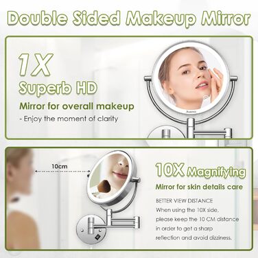 Дзеркало косметичне 20 см настінне з підсвічуванням та 10-кратним збільшенням, сріблясте Vialex