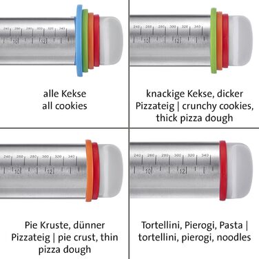 З 4 розпірними кільцями, по 1 кільцю по 10 мм, 6 мм, 3 мм, 2 мм, зі шкалами, нержавіюча сталь/пластик, сріблястий/білий/світло-блакитний/світло-зелений/помаранчевий/червоний, 30452260 нержавіючий ролик для випічки