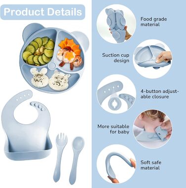 Силіконовий набір дитячого столового посуду Bizcasa з 9 предметів, нековзкий набір дитячого столового посуду, дитячий столовий посуд із присоскою, нековзна дитяча миска, дитяча тарілка, дитячий набір столових приборів для малюків, без бісфенолу А (синій)