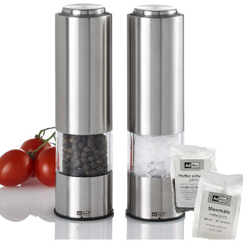Набір електричних млинів для солі та перцю AdHoc з 2 чорно-білих тропіків з керамічною кавомолкою, регульованою дрібною та грубою, включаючи сіль і перець (нержавіюча сталь)